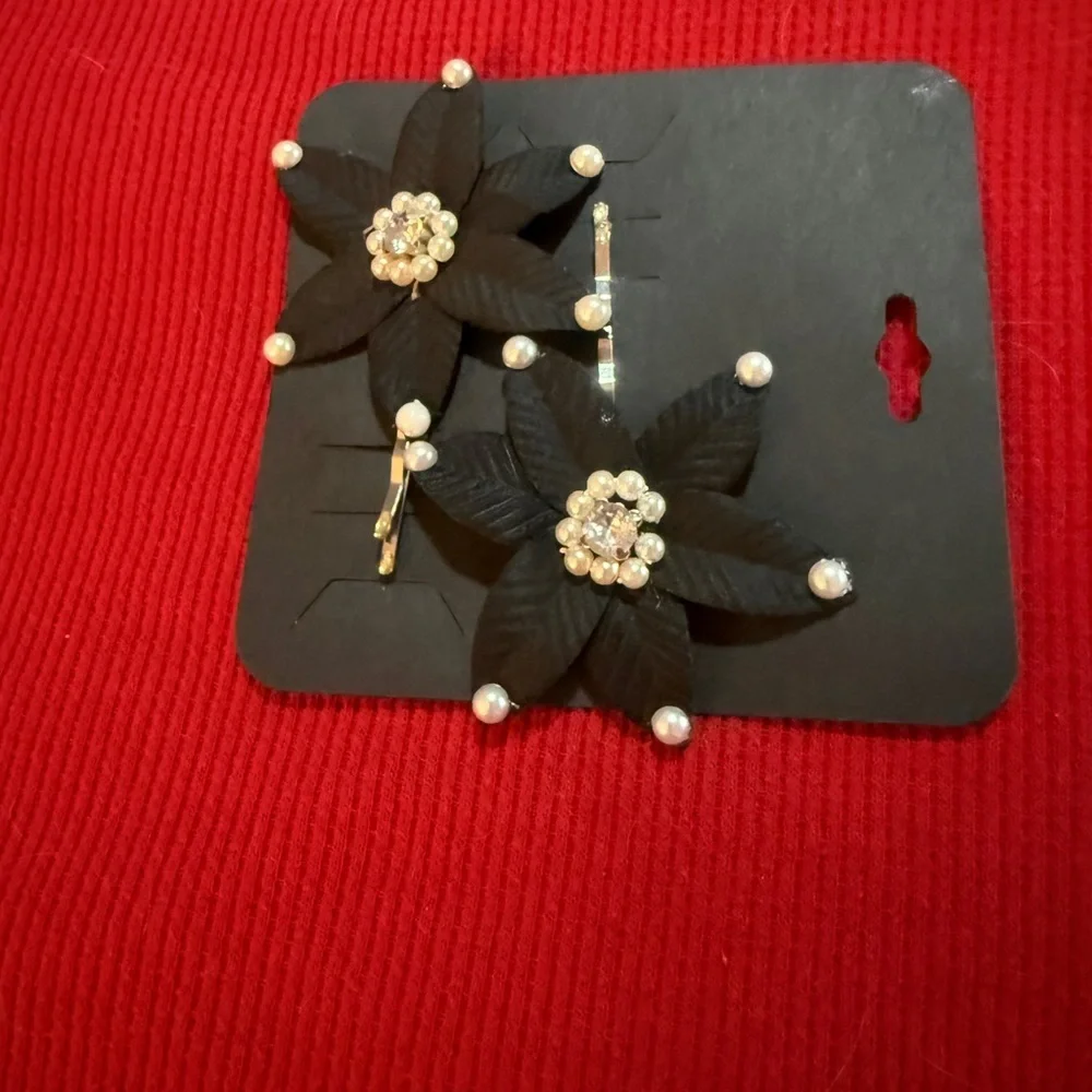 Black Floral Hair Pin with Pearl Accents